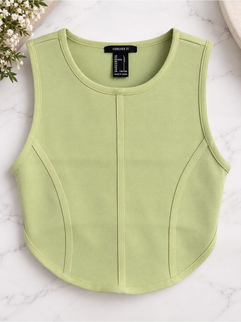 Forever 21 Light Lime Sleeveless Stitch-Detail Crop Top